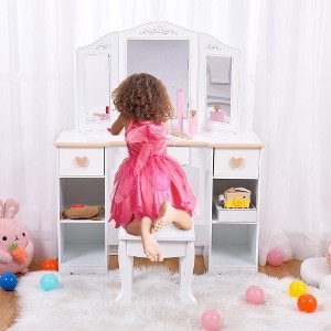 Kids Vanity Set Heart Shaped Pulls Tri-Fold Mirror Wood Trim