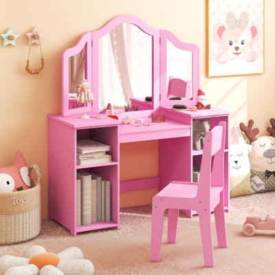 Kids Vanity Set Integrated Shelving Tri-Fold Mirror Hot Pink