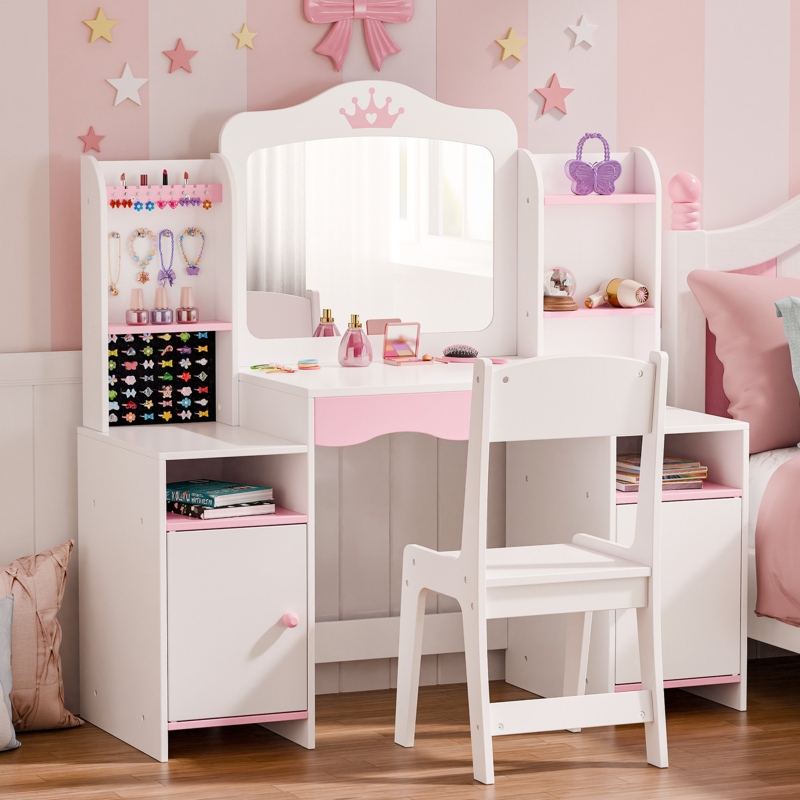 Kids Vanity Set Jewelry Hooks Crown Motif Integrated Storage