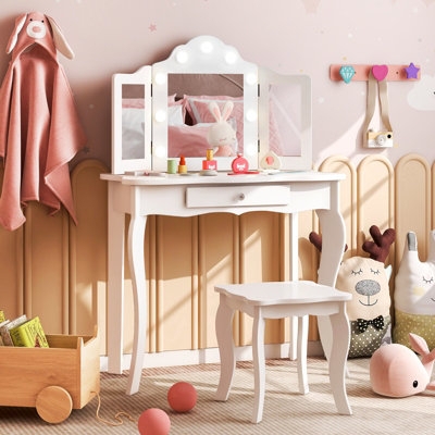 Kids Vanity Set LED Lighted Mirror Tri-Fold Cabriole Legs