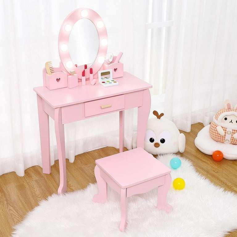 Kids Vanity Set Light Up Mirror Pastel Pink Heart Cutouts