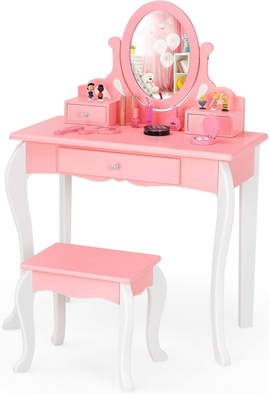 Kids Vanity Set Oval Rotating Mirror Pastel Pink Cabriole Legs