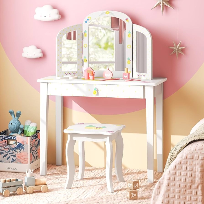 Kids Vanity Set Pineapple Pattern Tri-Folding Mirror White