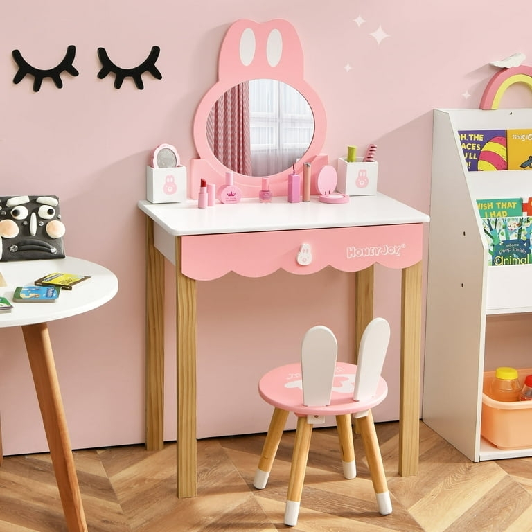 Kids Vanity Set Rabbit Ear Accents Blush Pink Scalloped Drawer