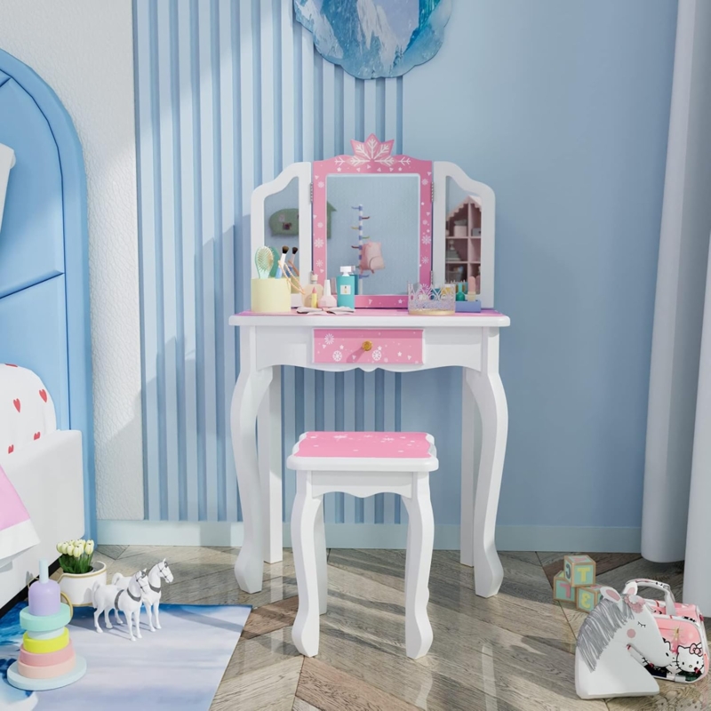 Kids Vanity Set Snowflake Motifs Tri-Fold Mirror Cabriole Legs