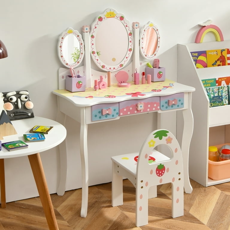 Kids Vanity Set Strawberry Graphics Tri-Fold Mirror White