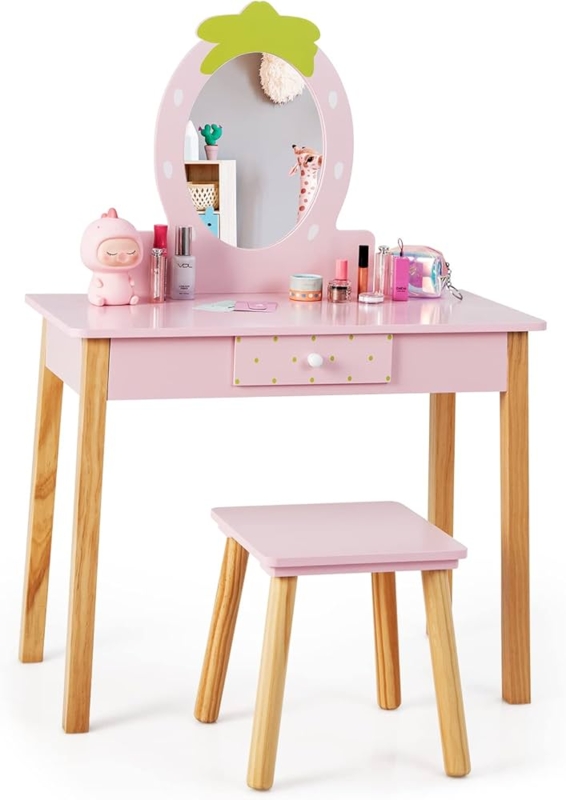 Kids Vanity Set Strawberry Mirror Frame Polka Dot Drawer