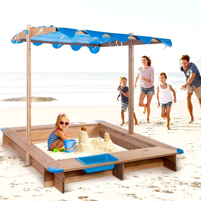 Kids Wooden Sandbox with Canopy, Perimeter Seating, and Integrated Play Tray