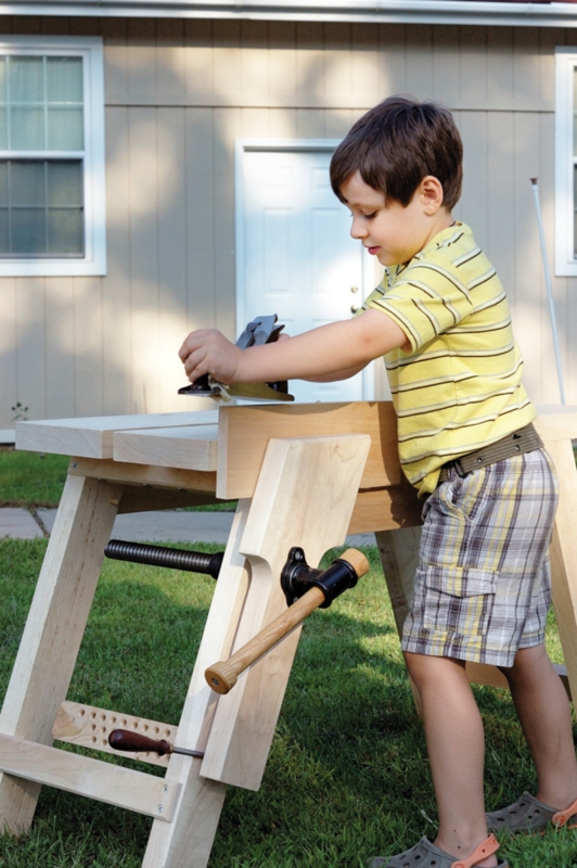 Kids Woodworking Bench with Leg Vise, Splayed Legs, Thick Wood Top