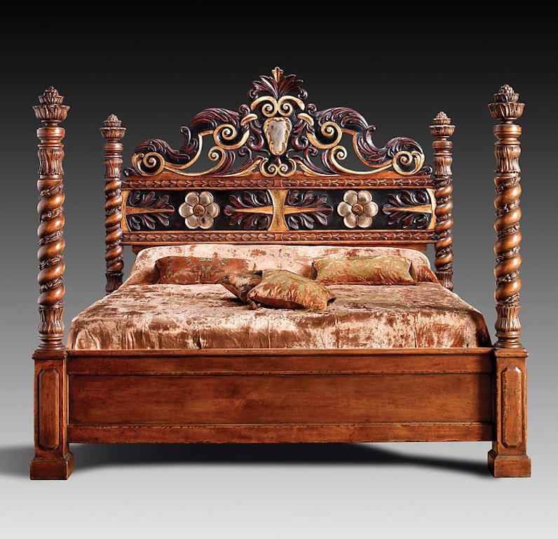 King Bed, Barley Twist Posts, Hand Carved Scrollwork, Walnut Finish