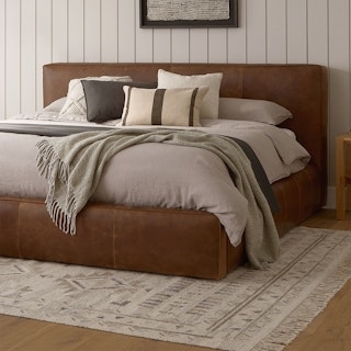 King Bed Rawhide Brown Leather Wide Headboard Seam Detailing