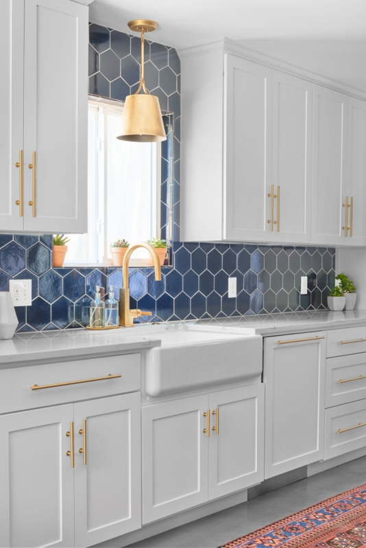 Kitchen Backsplash Navy Hexagon Tile, Brushed Gold Hardware Accent