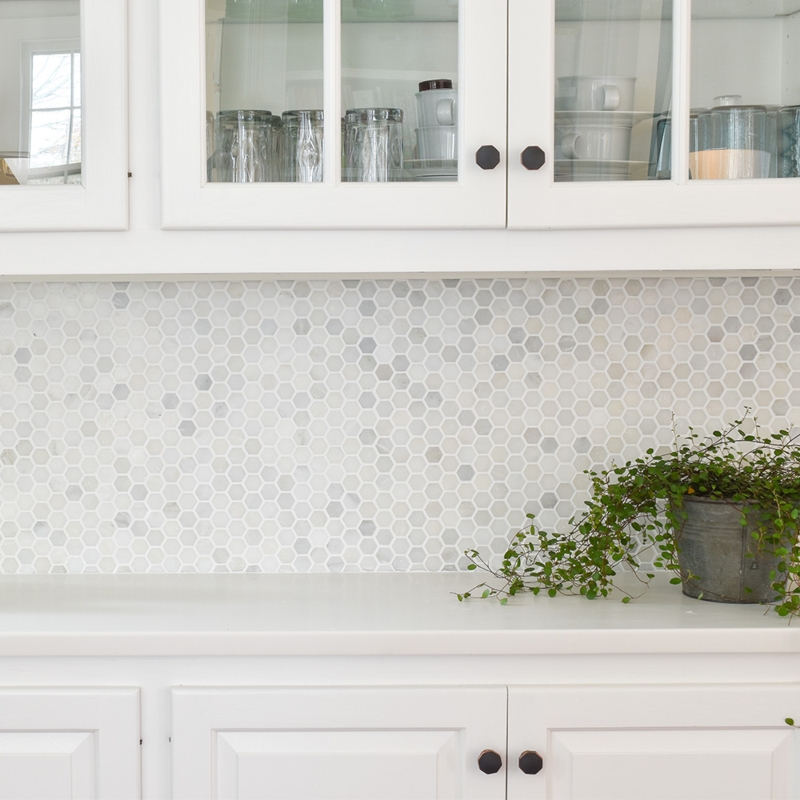 Kitchen Backsplash Small Hexagon Tile with Matte Black Knobs