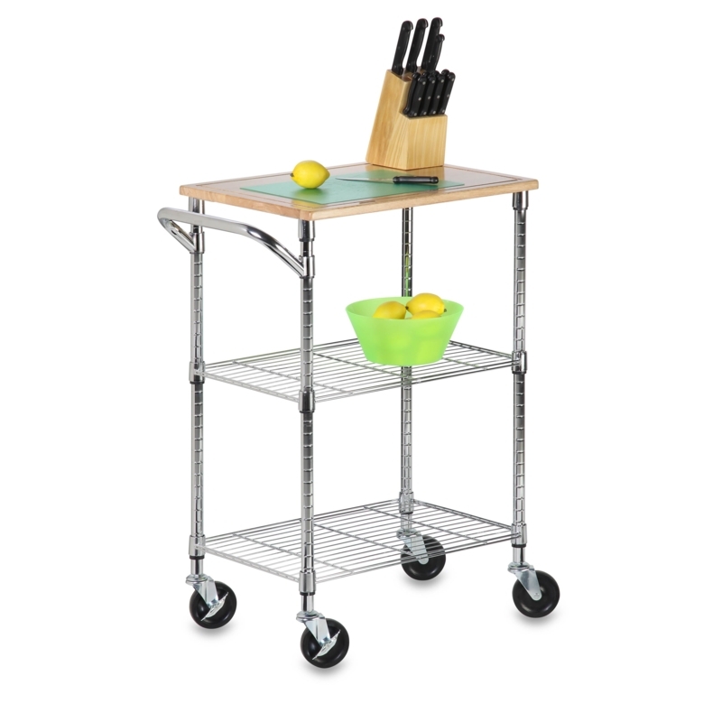 Kitchen Cart Chrome Plated Finish Wire Shelves Wood Toned Top