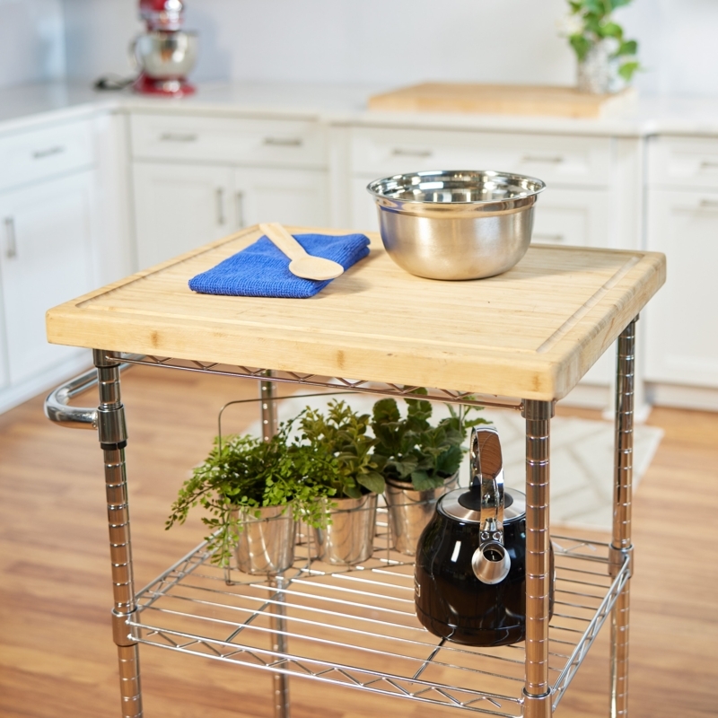 Kitchen Cart Chrome Wire Shelf Butcher Block Top Juice Groove