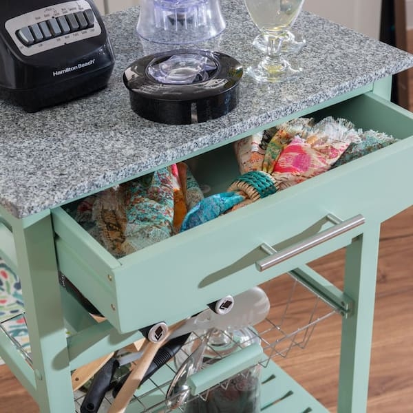 Kitchen Cart, Coastal Farmhouse Style in Mint Green with Granite Top