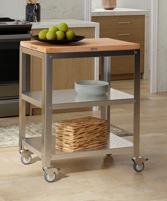 Kitchen Cart Corner Rivets Butcher Block Top Perforated Shelves