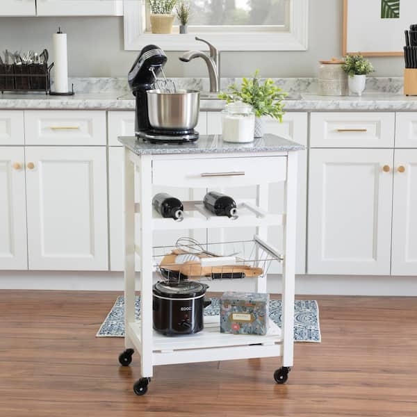 Kitchen Cart featuring Crisp White Finish, Granite Top, and Wire Basket