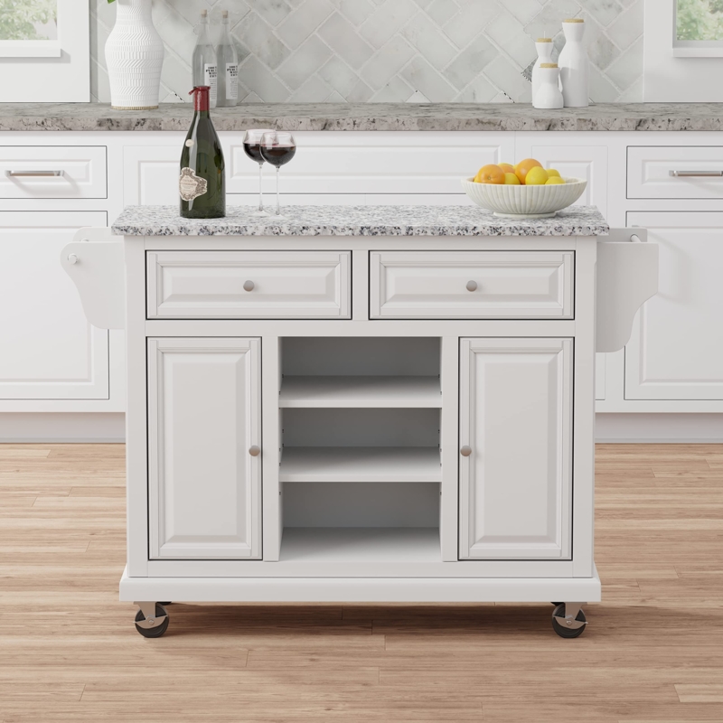 Kitchen Cart in Antique White Finish with Granite Top and Open Shelving