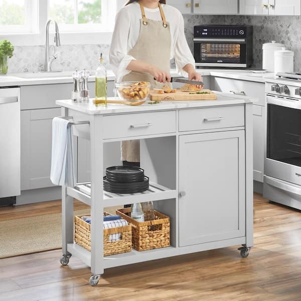 Kitchen Cart in Dove Gray with Marble Top and Locking Casters