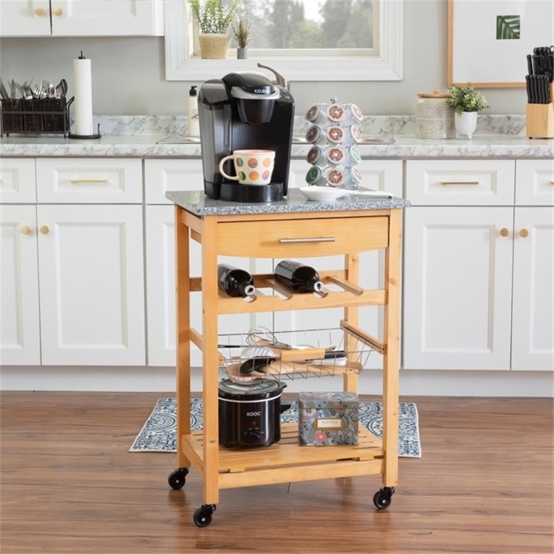 Kitchen Cart in Natural Wood Tone with Granite Top and Wine Storage