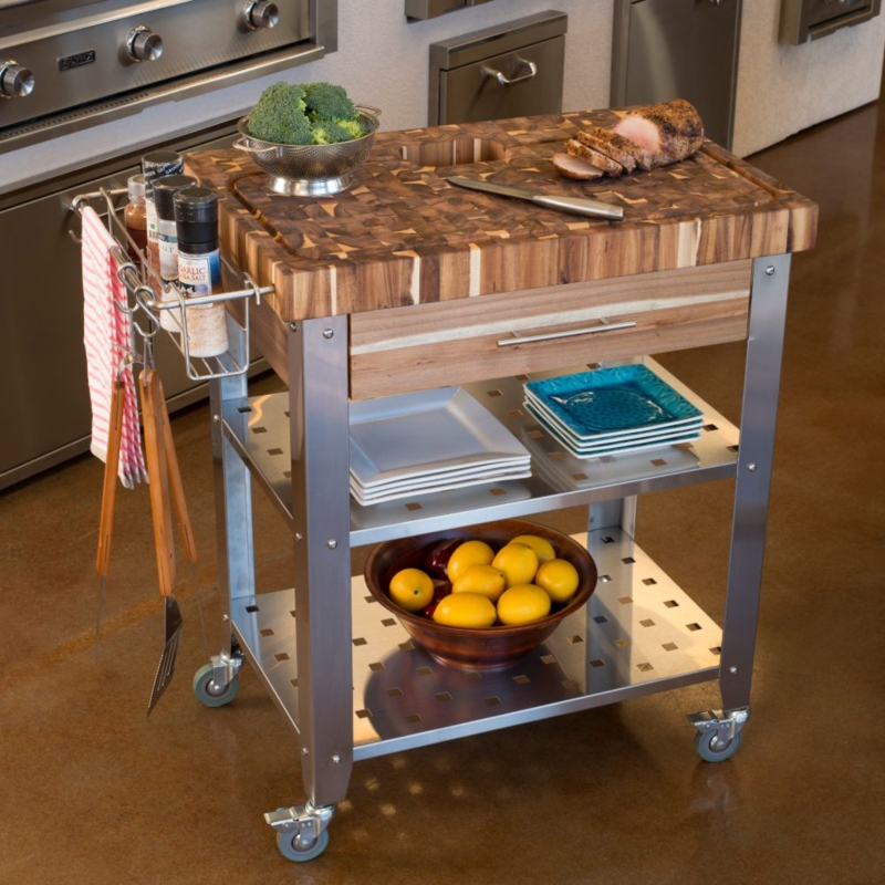 Kitchen Cart Integrated Side Rack End Grain Top Stainless Steel