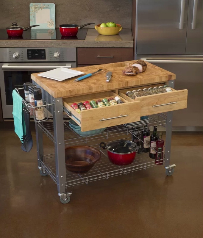 Kitchen Cart Integrated Spice Drawers Wire Shelving Butcher Block