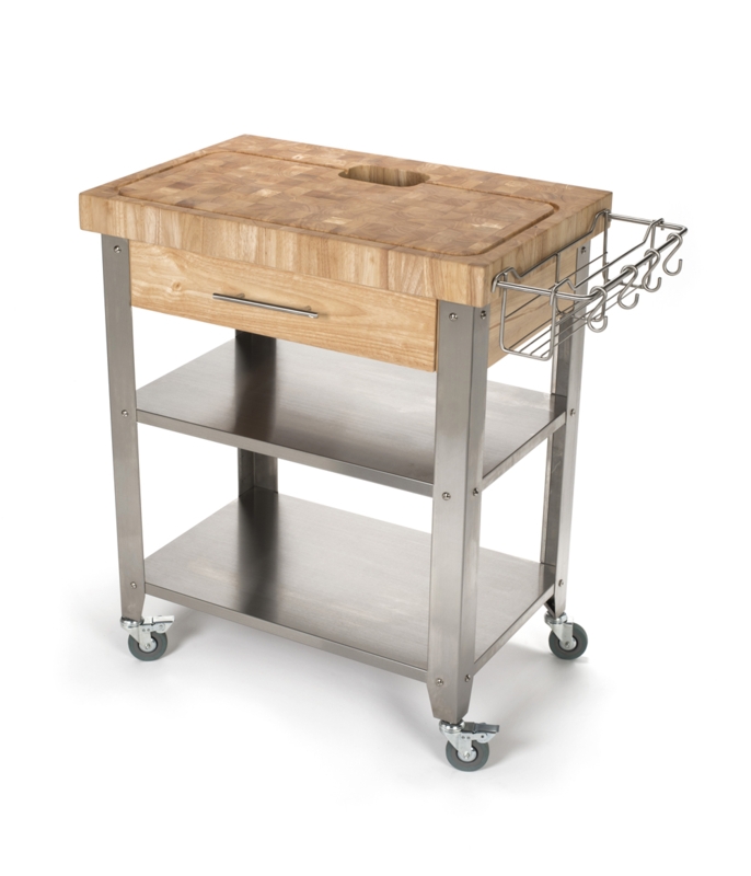 Kitchen Cart Integrated Waste Hole End Grain Top Locking Casters