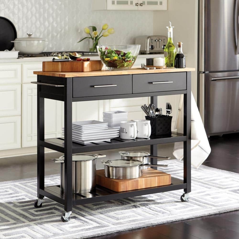 Kitchen Cart Matte Black Frame Butcher Block Top Double Drawers
