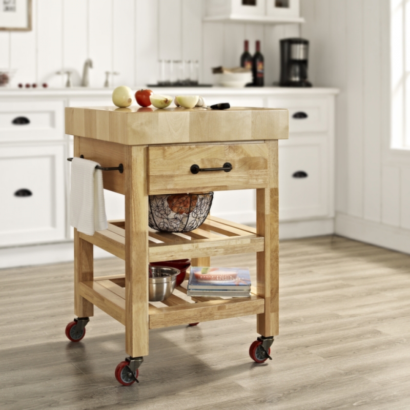 Kitchen Cart Red Casters Butcher Block Top Slatted Shelves Farmhouse