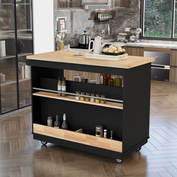 Kitchen Cart Spice Rack Storage Matte Black Finish Butcher Block