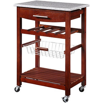 Kitchen Cart with Cherry Wood Tone, Granite Top, and Integrated Wine Rack