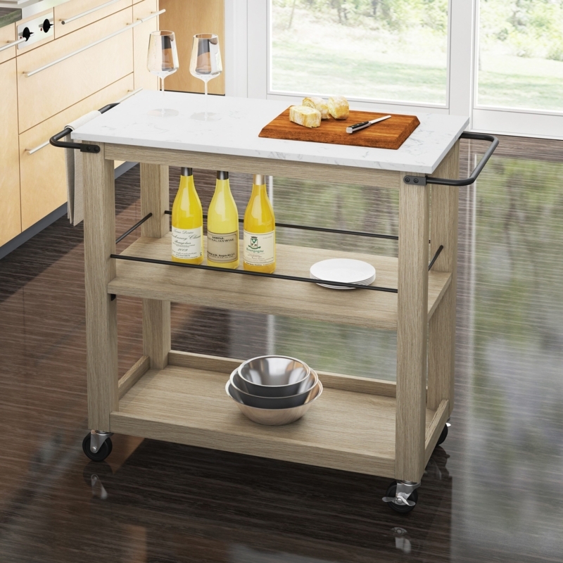 Kitchen Cart with Faux Marble Top, Black Metal Hardware and Side Handles