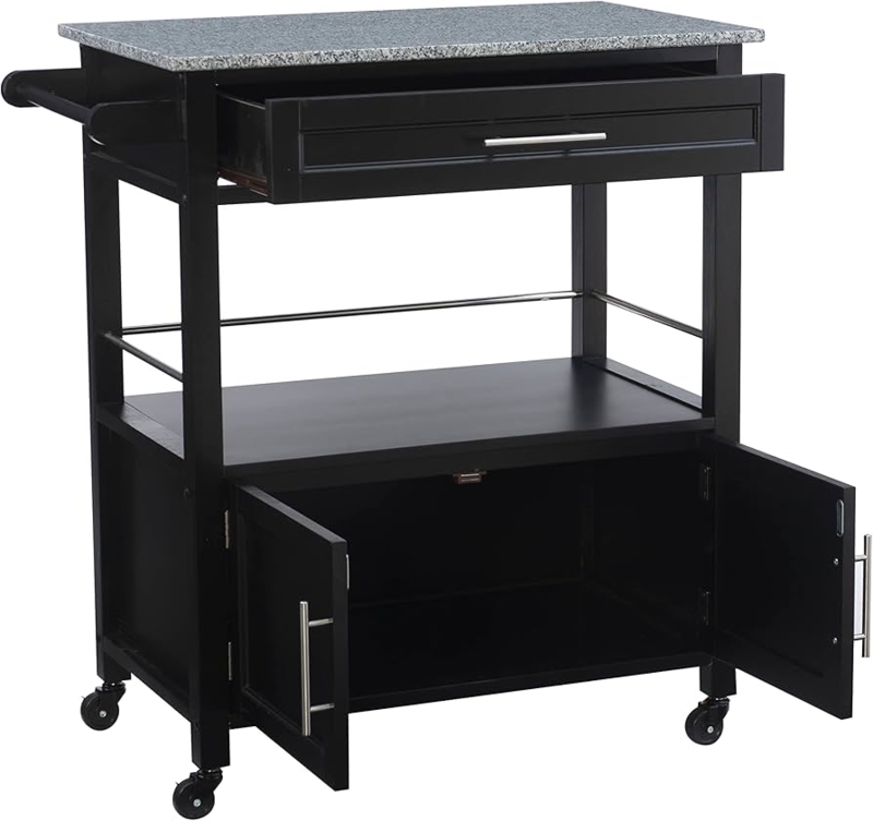 Kitchen Cart with Granite Top, Double Door Cabinet, and Open Shelf