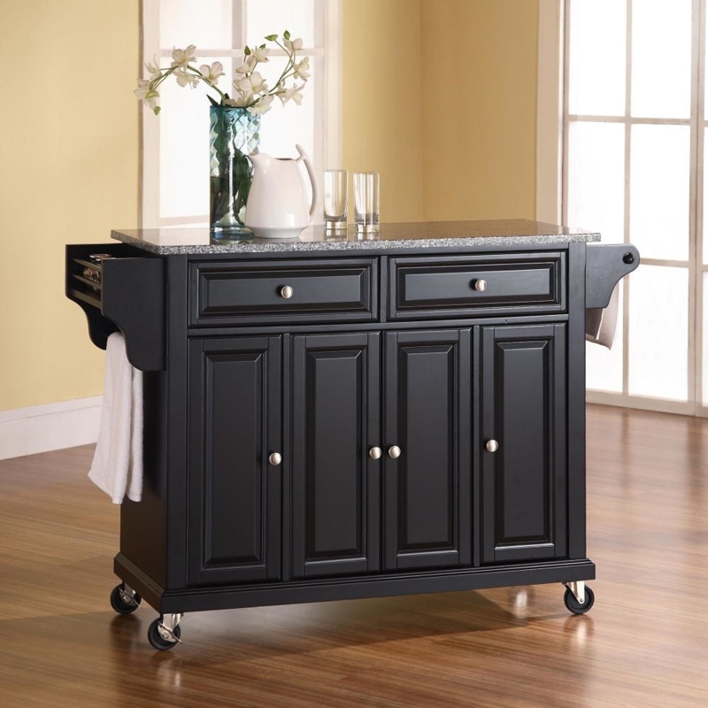 Kitchen Cart with Matte Black Finish, Granite Top, and Dual Drawers