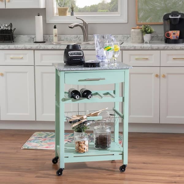 Kitchen Cart with Mint Green Finish, Granite Top, and Wine Rack