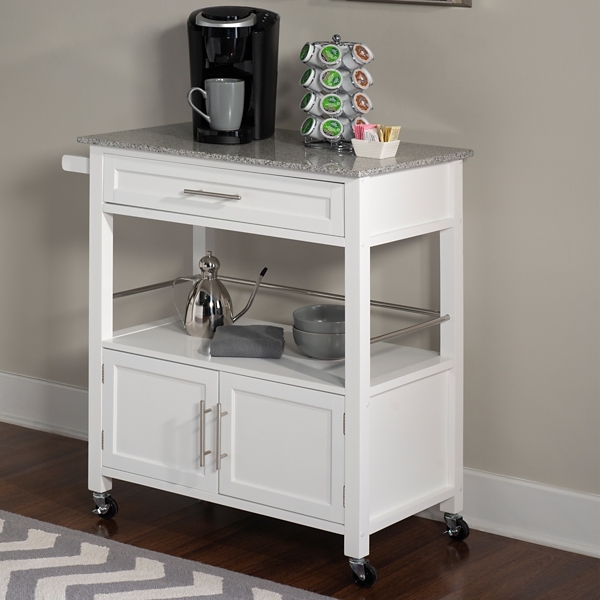 Kitchen Cart with Shaker Doors, Granite Top, and Shelf Guard Rails