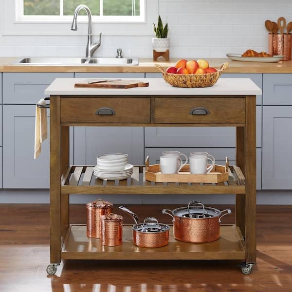 Kitchen Cart with White Marble Top and Unique Copper Accents