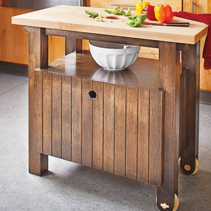 Kitchen Cart Wooden Casters Butcher Block Top Waste Hole Rustic Style
