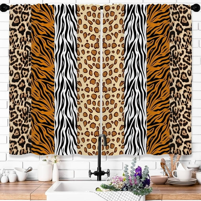 Kitchen Curtains: Vertical Stripes Animal Print Mix, Cafe Length Panels