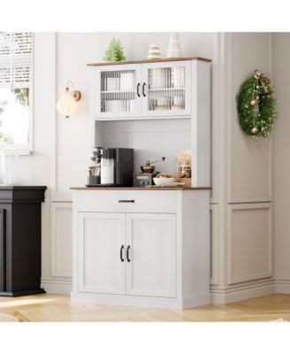 Kitchen Hutch Fluted Glass Doors with Wood Toned Top and Black Handles