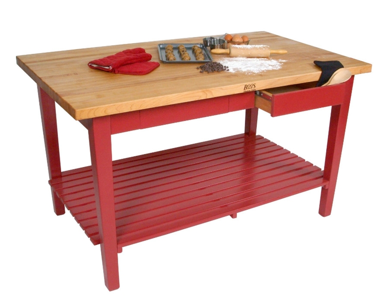 Kitchen Island Barn Red Base Butcher Block Top Slatted Shelf