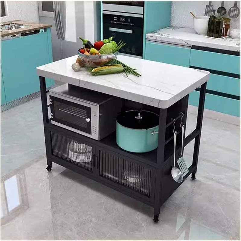 Kitchen Island Black Metal Fluted Glass Doors Stone Like Top Mobile