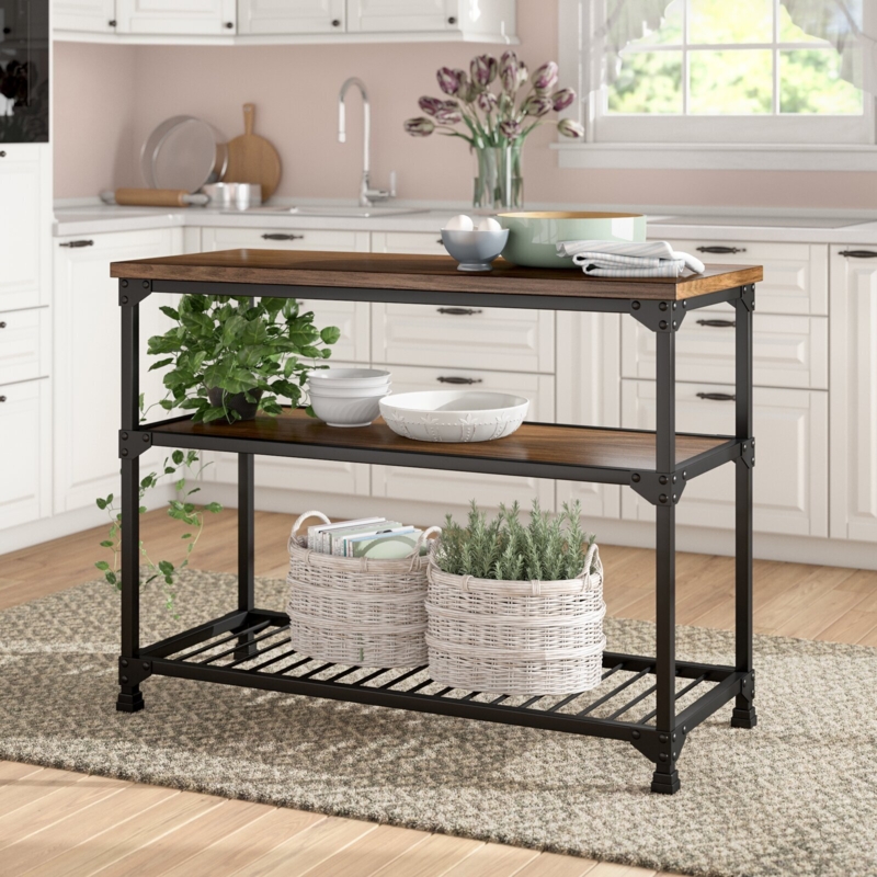 Kitchen Island Black Metal Three Tier Storage Slat Bottom Shelf