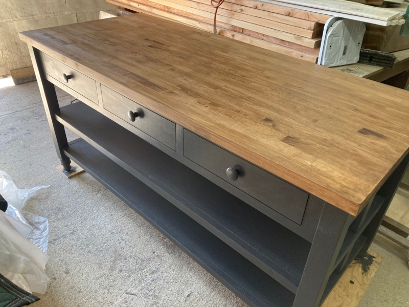 Kitchen Island Butcher Block Top Charcoal Grey with Open Tier Shelving