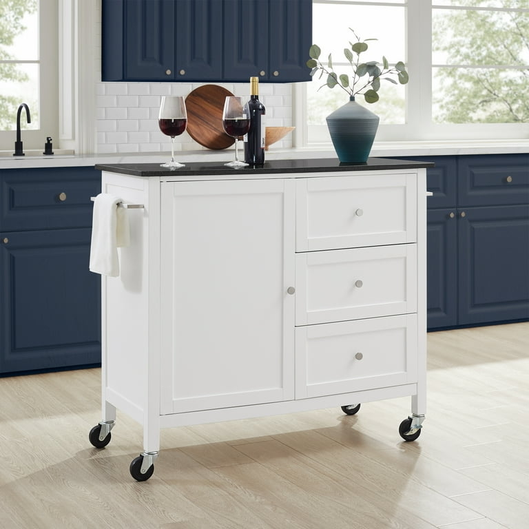 Kitchen Island Cart, Crisp White with Granite Top and Three Drawers