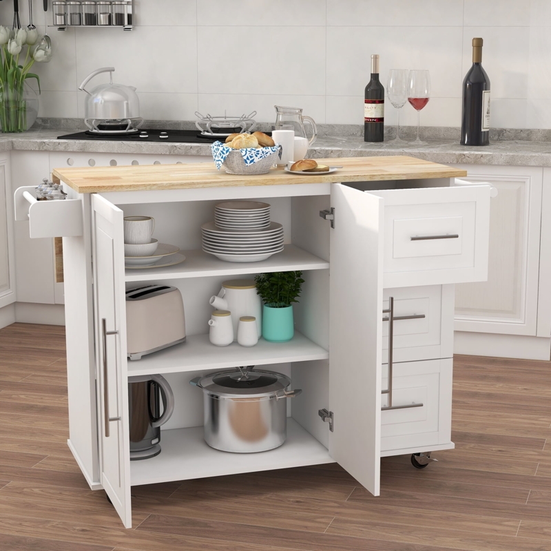 Kitchen Island Cart Drop Leaf Top with Side Spice Rack and Silver Pulls