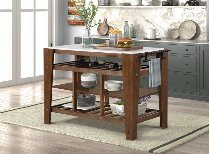 Kitchen Island Cart in Rustic Brown Finish with Integrated Wine Storage