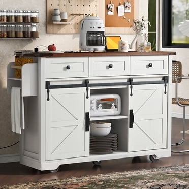 Kitchen Island Cart Sliding Barn Doors Dark Oak Top Power Outlet