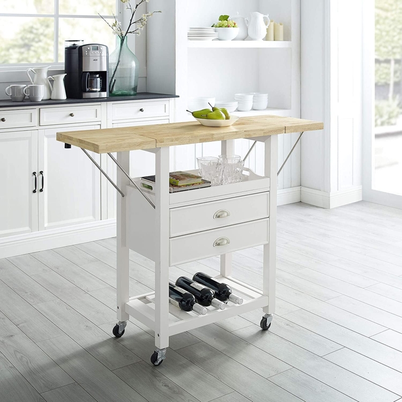 Kitchen Island Cart White Removable Tray Wine Rack Cup Pulls Drop Leaf
